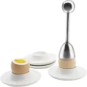 Egg Cup for Soft Boiled Eggs,4pcs Set Ceramic Egg Holder Cups with Stainless Steel Egg Shell Cracker Topper Circle