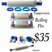 Brand New Tupperware Adjustable Rolling Pin and Cookie Cutters Blue & White