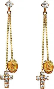 [JewelryWeb] 14k Yellow Gold CZ Simulated Diamond Dangle Hugging Earrings 7x35mm-Dangle Earring for Women