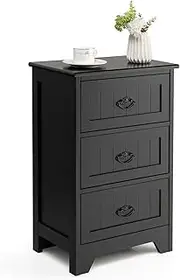 [Giantex] 3-Drawer Bedside Table, Vintage Nightstand w/Exquisite Metal Handles, Accent Table Sofa Side Table w/Anti-toppling Device for Living Room Bedroom Study (Black)