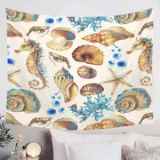 Golden Blue Seashells Tapestry