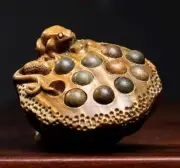Green Sandalwood Carved Lotus Seed Frog Statue Hand Carving Art Sculpture Decor