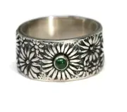 Genuine Tsavorite Ring Daisy Flower 925 Sterling Silver Size 7,8,9