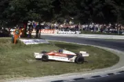 Brett Lunger goes off track at Druids beaching his McLaren M2- 1978 Old Photo