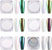 [AIMEILI] 6 Boxes Nail Art Manicure Powder Set, 1×0.5g Holographic Powder, 5×0.5g Chrome Nail Powder