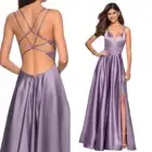 LA FEMME Plunge Neck Thigh High Slit Strappy Back Satin Ball Gown Size 2
