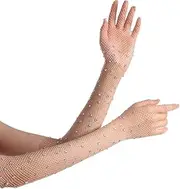 [Generic] Women Rhinestone Fishnet Long Gloves Mesh Sparkly Glitter Fashion Opera Gloves For Party Halloween Costumes Accessories