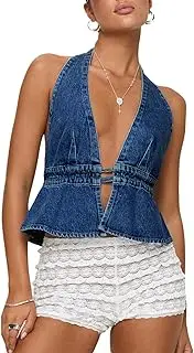 [cffvdiz] Women's Halter Open Back Denim Vest Tops Sexy Ties Back Adjustable Preppy Y2K Short Jean Vest Top