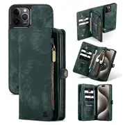 SupRShield For Apple iPhone 15 Pro Zipper & Detachable Retro Leather Pouch Wallet Flip Purse Bag Detachable Phone Case Cover (Green)