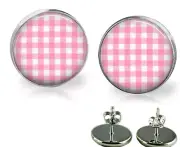 Pastel Pink & White Gingham Print Glass Top Stud Earrings In 2 Sizes Handmade