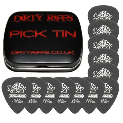 12 Dunlop Tortex Pitch Black Standard Guitar Picks - 1.14mm In A Handy Pick Tin