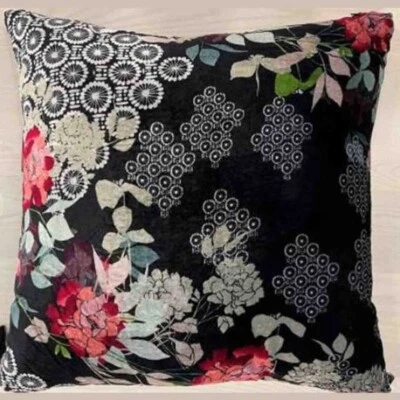 Johnny Was Sierra Silk Velvet Tassel Pillow Floral Embroidery Pillow Square Blac