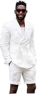 [Fashion Suit] Casual Mens Gray Linen Cotton Tailored Beach Wedding Slim Fit Tuxedo Suit Blazer & Shorts Set