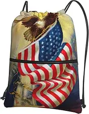 American Usa Flag Eagle Art Print Drawstring Backpack Gym Bags Sports Bags With Zipper Pocket For Travel Beach, Black, One Size
