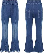 [iEFiEL] Bell Bottom Jeans for Girls Wide Leg Ripped Denim Pants Elastic Waistband Flared Trousers Stretch Bootcut