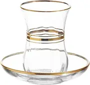 LAV Turkish Tea Set - 12-Piece Cups and Saucers With Gold Rim - Authentic Glasses for Tea Time