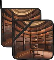 Book Room Library Potholders BBQ Pot Holders for Heat Resistant Potholder, Hot Pads,Cooking Baking(2-Pack)