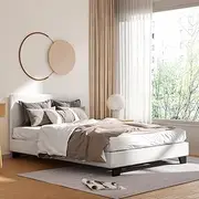 Artiss Double Bed Frame Platform Wooden Headboard Beds Base Frames Bedroom Room Decor Home Furniture, Upholstered with White Boucle Fabric + Foam + Wood, Modern Design
