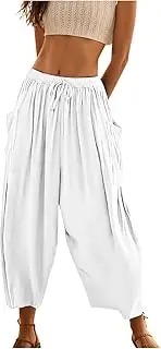 [Generic] Linen Wide Leg Pants for Women Baggy Elastic Waist Summer Palazzo Harem Pants Drawstring Casual Pants with Pockets