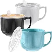 Sunnychicc 3 Pieces Ceramic Soup Bowl with Handle and Vented Lid 30 oz Large Deep Soup Mug with Lid for Soup Instant Noodle Cereal, Soup Containers, Microwave and Dishwasher Safe, Modern Style