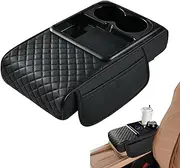 Car Arm Rest Cover Pad,Wireless Charging Car Armrest Cover Cushion - Artificial Leather Elbow Rest with Side Pocket and Cup Holder for Water Bottle, Tissue Box, Keys