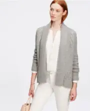 Ann Taylor Petite LP (12P-14P) Zinc Heather Grey Shawl Collar Open Cardigan D9H