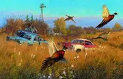 Sunsout - Jumping Pheasants - Art by Michael Sieve