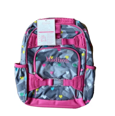 New! Pottery Barn Kids SMALL girls BACKPACK monogram MADISON Hearts Gray Camo