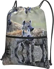 EdWal Animals Hyena Print Drawstring Backpack Gym Bags Sports Bags With Zipper Pocket For Travel Beach, Black, One Size