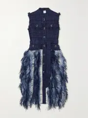 [Huishan Zhang] Huishan Zhang - Wyatt Crystal-embellished Feather-trimmed Belted Metallic Tweed Midi Dress - Navy - UK 14 UK 14 Blue