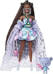 Barbie Extra Fancy Doll in Teddy-Print Gown with Sheer Train, Teddy Bear Pet, Extra-Long Hair & Accessories, Flexible Joints, Toy for 3 Year Olds & Up