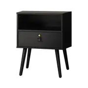 Oikiture Bedside Tables Side Table Storage Cabinet w/ Leather Handle Black