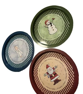 3 Set Christmas Plates Metal 13” Red Santa Blue Angel Green Snowman Snow Hark