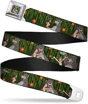 [Buckle-Down] Seatbelt Belt - Mowgli & Baloo 3-Poses Leaves/Flowers Greens/Orange - 1.5" Wide