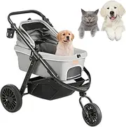 VEVOR Pet Stroller, 3 PU Wheels Dog Stroller Rotate with Brakes, 75 lbs Weight Capacity, Puppy Stroller with Pet Pad, Storage Basket and External Cup Holder, for Small to Medium Sized Dogs, Grey