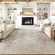 8x10 Washable Area Rug Beige Grey Abstract Modern Living Room Bedroom Large Throw Rug Non Slip Soft Distressed Low Pile Neutral Indoor Floor Carpet for Dining Room Kitchen Office Entryway Decor