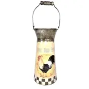 Early Bird Diner Rooster Milk Can Style Rustic Vase Tin Metal Wood Handle Checks