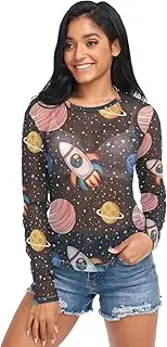 [RPLIFE] Planets Black Mesh Long Sleeve Top, See Through Long Sleeve Tops for Women S-XXL