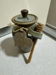 Art Studio Pottery Honey Jar With Dipper Salt Glazed Signed Very Cute