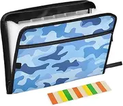 Quteprint 13 Pockets Expanding File Folder with Zipper Closure, Blue Camo Camouflage Accordion File Folder with Sticky Labels, Letter Size A4 Papers Expandable File Document Organizer