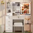 Dressing Table Stool Set With Smart LED Makeup Mirror 6 Shelves Wood Vanity Desk