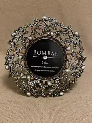 Vtg Bombay Company Bohemian Ornate Metal Gold Round Swirls Crystals Photo Frame