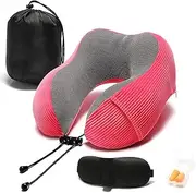 Travel Pillow, Memory Foam Neck Pillow with 360-Degree Head Support Comfortable Airplane Pillow with Storage Bag Lightweight Traveling Pillow for Sleeping, Car, Train, Bus and Home Use(Red)