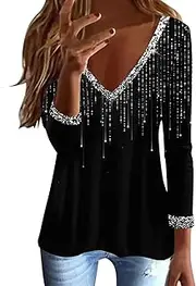 Shirt for Womens Casual Tops Blingbling Print Long Sleeve V Neck Tee Shirt Loose Side Split Blouse Tunic Birthday Tops for Women's