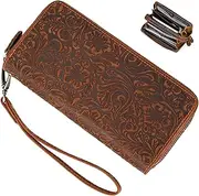 [Wedhapy] Leather Wallets for Women, Dual Layer Floral Pattern Ladies Wallet with 4 Cash Comparment, 2 Zipper Pocket & 24 Card Slot, Zippered Wallet Women with Wrist Strap