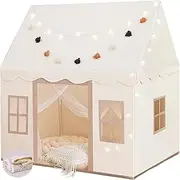 Large Kids Play Tent with Mat, Play Tent Indoor with Star Lights, Flag and Windows, Playhouse for Boys and Girls Aged 3, Kid Tent with Mat Washable (Cream)