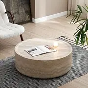 Round Coffee Table, Fiberglass 90CM Modern Marble Faux Pattern, White Stone Center Tables Minimalist Accent Table for Living Room, Bedroom, Office, Waiting Area, No Needed Assembly (Carrara White)