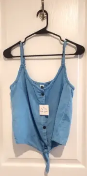 NEW Womens Blue Button Up Tie Front Blouse Cropped Shirt Top Small