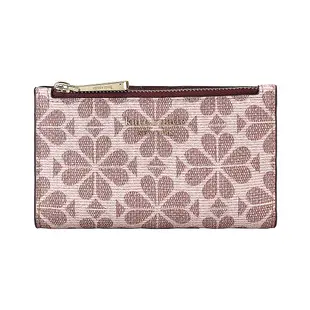 Kate Spade SPADE FLOWER SLIM金字LOGO黑桃印花PVC 6卡扣式拼色對折錢包(粉紅)