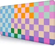 SXCKANG Colorful Checkered Desk Mat, Retro Purple Pink Blue Green XXL Large Mouse Pad, Aesthetic Big Computer Mouse Mat for Office, Rubber Base Mousepad Desk Pad with Stitched Edges, 35.4 x 15.7 in